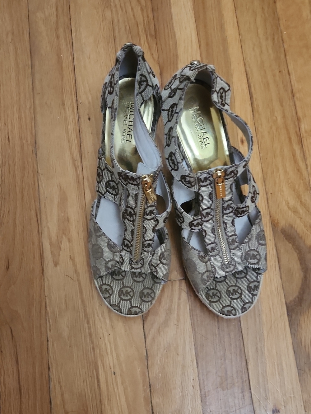 Michael Kors Beige MK Logo Zip Strappy Sandals